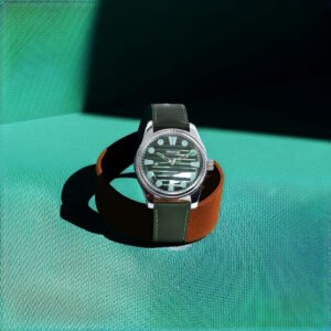 ARWATCH Classic Green Leather Watch with Stainless Steel Case