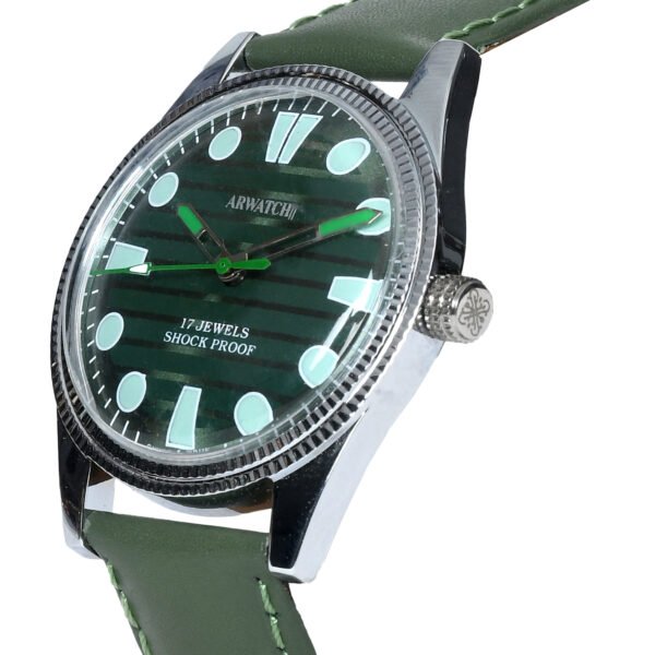 ARWATCH Classic Green Leather Watch with Stainless Steel Case