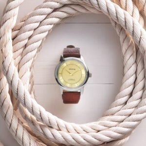 ARWATCH Brown Leather Watch with Yellow Dial and Shockproof