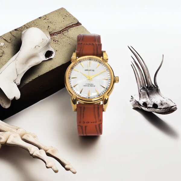 ARWATCH||Classic Gold Watch with Brown Leather Strap